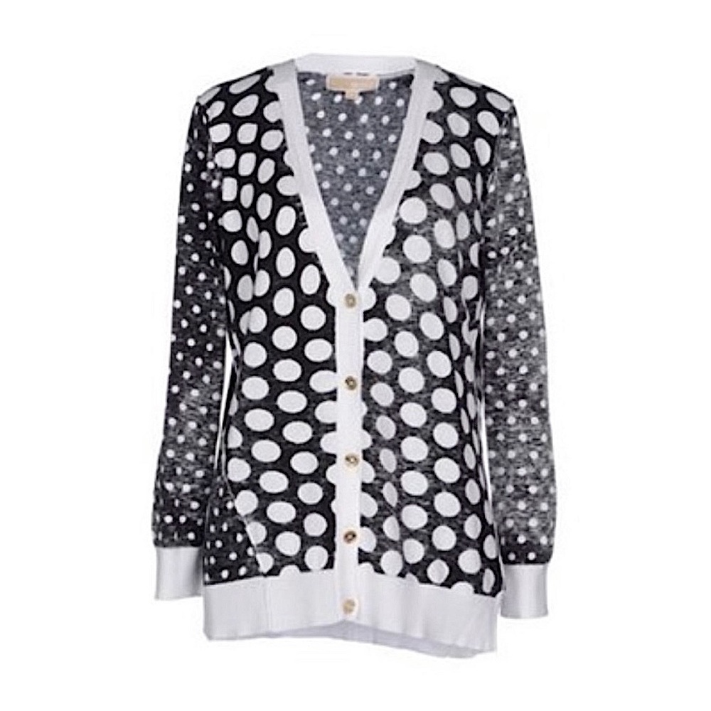 MICHAEL Michael Kors Black White Polka Dot Gold Button Down Cardigan Sweater M